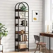 Tribesigns 6-Tier Open Bookshelf, 78.7" Tall Arched Bookcase Narrow Bookshelf with Metal Frame, Freestanding Corner Bookcase Display Shelves for Living Room, Home Office, Rustic Brown