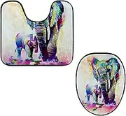 Toilet Lid Cover and U-Shaped Toilet Floor Mat Set of 2 Pieces, Watercolour Paintings Elephant Illustration Toilet Mat Set, Machine Washable Seat Covers Non-Slip Absorbent Rugs