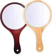 ERINGOGO 2pc Large Wooden Handle Makeup Mirror Lights Portable Handheld Vanity Mirror for Travel Salon Women
