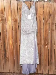 Youjiayi Mermaid Silver Sequin Formal Long Dress with Train Off Shoulder Sz 14