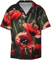 [YANYU] Beautiful Red Poppy Flower Print Hawaiian Shirts Men Short Sleeve Button Down Cuban Collar Shirt Summer Beach Days