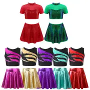 Kids Girls 2Pcs Shiny Sequins Dance Costume Short Sleeve Crop Top with Skirt AU