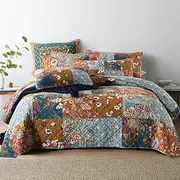 Autumn Dream Cotton Bedspread Quilt Sets Reversible Bedding Coverlet Sets Comforter, Paisley Floral Patchwork Yellow Grey Bedspread, Queen Size