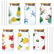 16oz Summer Iced Coffee Cup with Bamboo Lids and Straws, Can Shaped Glass Cup...