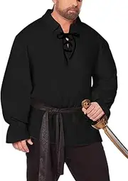 Karlywindow Mens Medieval Pirate Shirts Lace Up Stand Collar Long Sleeve Viking Renaissance Costume Halloween Cosplay Tops