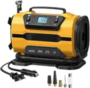 150PSI Dual Power Air Compressor 110V-230V AC/DC - 300L/min Electric Pump for Car Tires, Bicycle, Boat, Mattress w/Flashlight - Portable Inflator