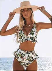 [LANREN] Sexy Swimwear High-Waist Two Pieces Set Floral Bikini Women Summer Beach Woman Swimsuits Soft Bodycon Micro Bikinis (Color : Picture, Size : XXX-Large)