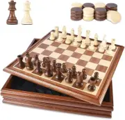 Chess and Checkers Board Game Sets for Adults Wooden Deluxe 15 inch Wood Board