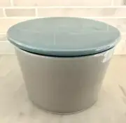 Crate And Barrel small Ceramic Canister/Jar w lid, NWOT, light gray w blue lid