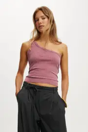 [Cotton On Women] Cotton On Women - Amelia One Shoulder Tank - Washed rich plum M WASHED RICH PLUM