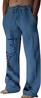 [Generic] Mens Boho Cotton Linen Pants Drawstring Yoga Beach Pants Men Loose Fit Lightweight Elastic Waist Vacation Print Pants, Blue 1, Large