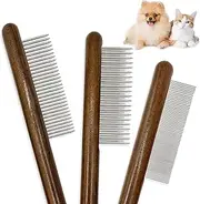 3 Pack Solid Wood Cat Combs, Stainless Steel Teeth for Cat Dog Rabbit Massage, Flea Lice Comb Removes Mats, Tangles and Loose Fur, Grooming Comb for Small Medium Pets