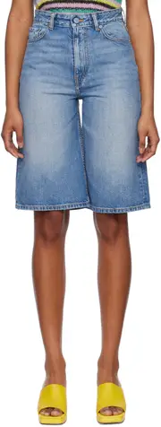 logo-patch washed denim shorts 24,25,26 Blue