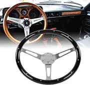 Classic Wood Grain Steering Wheel, 15 Inch Retro 3 Spoke Steering Wheel with Walnut Grip, Universal 6 Hole Design for Vintage Car Modification (Black)