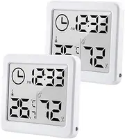 [2 Pack] 3.2 Inch Digital Indoor Hygrometer Thermometer, Room Humidity Gauge with Time Clock, High Accuracy Temperature Humidity Monitor with Magnet for Home Office Baby Room Greenhouse White