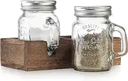 MosJos Mason Jar Salt and Pepper Shaker - Vintage Glass Condiment Dispenser Set with Wooden Holder Caddy - Farmhouse Kitchen Decor, Easy Refill 5-Ounce Capacity with Stainless Steel Lids
