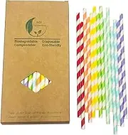 Rainbow Striped Paper Drinking Straws, 100 Pack Disposable Colored Striped Paper Straws Assorted 7 Colors for Party Wedding Table Decoration, Cake Pop Sticks