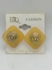 New 1980's Frosted Orange Lucite Gold Plate DBL Ring Medallion Clip On Earrings