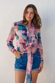 Elena tie Front Blue/Purple Water Colour Shirt