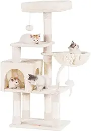 Heybly Cat Tree with Toy, Cat Tower condo for Indoor Cats, Cat House with Padded Plush Perch, Cozy Hammock and Sisal Scratching Posts, Beige HCT004SM