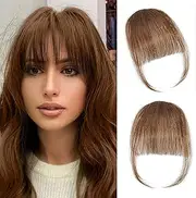 Clip In Bangs - Real Human Hair Extensions for Women,Brown Clip On Wispy Bangs with Temples, Natural Curved Hairpieces for Daily Wear (Light Brown, 6 Inch)