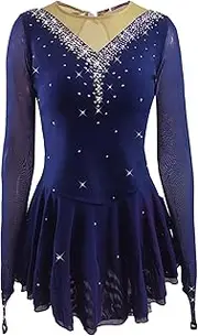 [LIUHUO] Girls' Ice Figure Skating Dress Stretch Mesh Diamond Hook Sleeves Four Colors