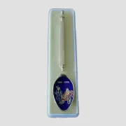 Vintage Hong Kong Souvenir Spoon, Gold Tone Handle Blue Enamel Bowl Rickshaw