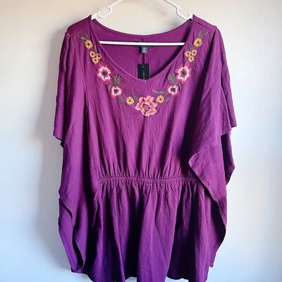 Lane Bryant Burgundy Purple Wine Embroidered Floral Blouse Plus Size 14/16 NWT