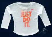 Nike Little Girls Long Sleeve White Athletic Cut 'JUST DO IT' T-Shirt Tee