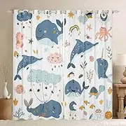 Whale Window Curtains Dolphin Octopus Turtle Fish Window Treatments, Cartoon Rainbow Clouds Window Drapes for Kid Girl Room Decor Grommet Top 2 Panel Set Bedroom Curtains, 46Wx54L inch