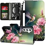[BREIDMKFM] for Samsung Galaxy A54 5G Phone Case with Screen Protector & Kickstand & Card Holder & Wrist Strap Flip Folio Leather Wallet Protective Phone Case for Samsung A54 5G,Hummingbird Pink