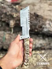 Beautiful Custom Handmade Damascus Steel Camping Knife Horn Handle With Sheath