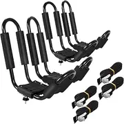 GYMAX 2Pairs Universal Kayak Roof Rack Platform, J-Bar Roof Top Carrier with Straps, Foam Pad & Buckles, Mount Crossbar on SUV Van Car for SUP, Boat, Kayak, Canoes, Ski Board