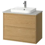 ÄNGSJÖN / BACKSJÖN wash-stnd w drawers/wash-basin/tap, oak effect/grey stone effect, 82x49x71 cm