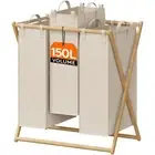 Lifewit 150L Large Laundry Hamper 3 Section, Collapsible Bamboo X-Frame Laund...