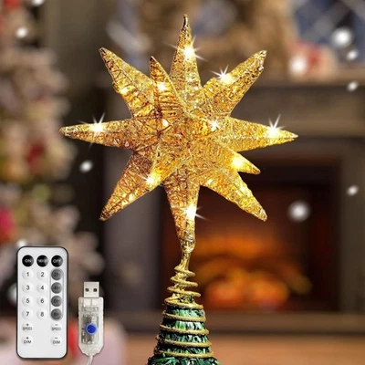 Christmas Tree Topper Star Gold with Warm White 50 LED Lights, Star Tree Topper