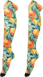 [Caihoyu] Women Thigh Socks Casual Fashion Long Stockings Above Knee Socks for Parties Watercolor Mandarine Orange Fruit Leaves Blossom, Watercolor Mandarine Orange Fruit Leaves Blossom