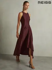 Reiss Burgundy Micah Satin Drape Tuck Midi Dress (AD9450) | $325