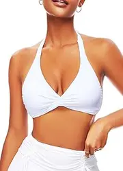 [TZLDN] Women's Bikini Top Halter Tie Hook Back Twist Front V Neck Push Up Padded Swimsuit String Vintage Bathing Suit Sexy Swimwear Tops Only