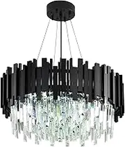 Modern Crystal Chandelier Lamp, Round K9 Crystal Pendant, 9 x E14 Crystal Pendant Light with Chain, Adjustable, for Bedroom, Living Room, Dining Room, Restaurant (55 x 55 cm, Black)