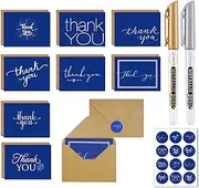 24 Pack Greetings Thank You Cards Set with Brown Kraft-Style Envelopes, Sealing Stickers and 2 Metallic Color Craft Pens-Gold and Silver (Navy Blue)
