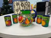 Mexican Hand Blown Glass Painted Pitcher And Six Glasses Apples and Pears