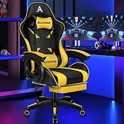 ALFORDSON Computer Gaming Chair with Massage Lumbar Cushion and Footrest, Ergonomic Swivel Recliner Leather Home Ergonomic Desk Chair with Armrest Headrest, Office Chair with Recline (Yellow)