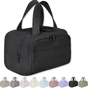 [Generic] Cureaway Travel Cosmetic Bag, Large Capacity Wide-Open Travel Cosmetic Bag,4-in-1 Puffy Multi-Functional Waterproof Portable Pouch Open Flat Toiletry Bag for Women with Divider and Handle (Black)