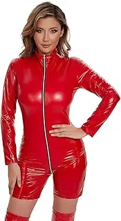 [xokesy] Women Sexy Leather Leotard, Double Zipper Open Crotch, Glossy PVC Leather, Plus Size, Shiny Latex Bodysuit Crotchless