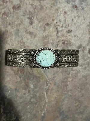 Navajo Kevin Ramone Dry Creek Turquoise Stamped Cuff Sterling Silver 7 1/4”