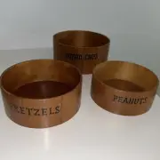 Vtg. Nesting Wooden Snack Bowls. 6” Pot Chips 5.5” Pretzels 5” Peanuts.