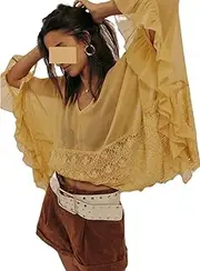 [Yiulangde] Women Low Cut Sweetheart-Neck Tie Front Top Balloon Long Sleeve Sheer Chiffon Blouse Flowy Boho Ruffle Babydoll Top