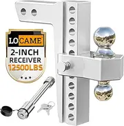 LOCAME Adjustable Trailer Hitch, Fits 2-Inch Receiver Only, 10-Inch Drop/Rise Aluminum Drop Hitch, 12,500 LBS GTW-Tow Hitch for Heavy Duty Truck with Double Stainless Steel Locks, Silver, LC0005