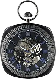 [QRDYL] Pocket Watch,Antique Black/Silver/Gold Mechanical Pocket Watch Unique Square 30cm Snake Chain Hand Winding High Graded Clock,Black 2
